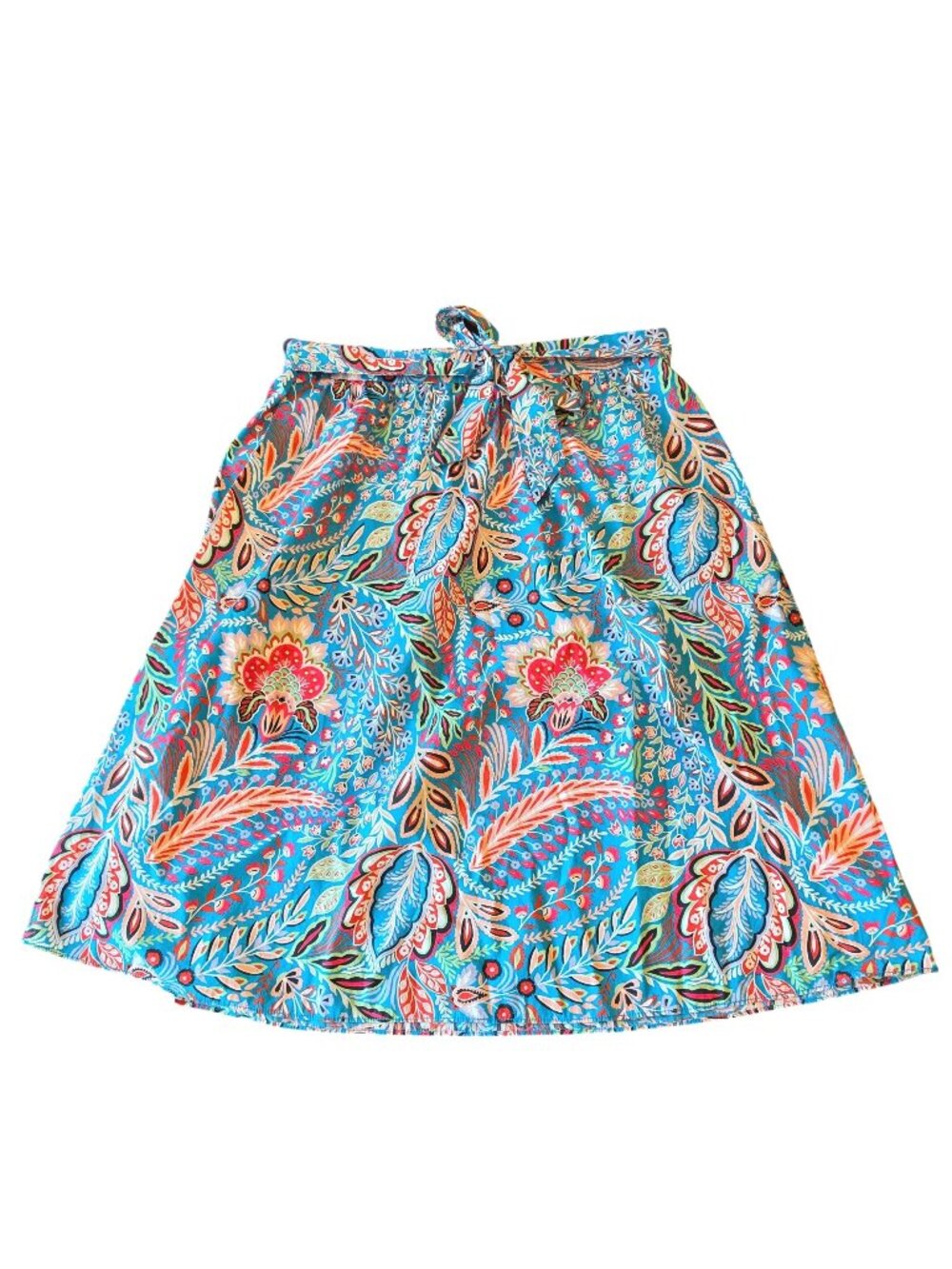 Talbots Petite 100% Cotton Tropical Floral A-Line Skirt XLP Blue Tie Waist Pink